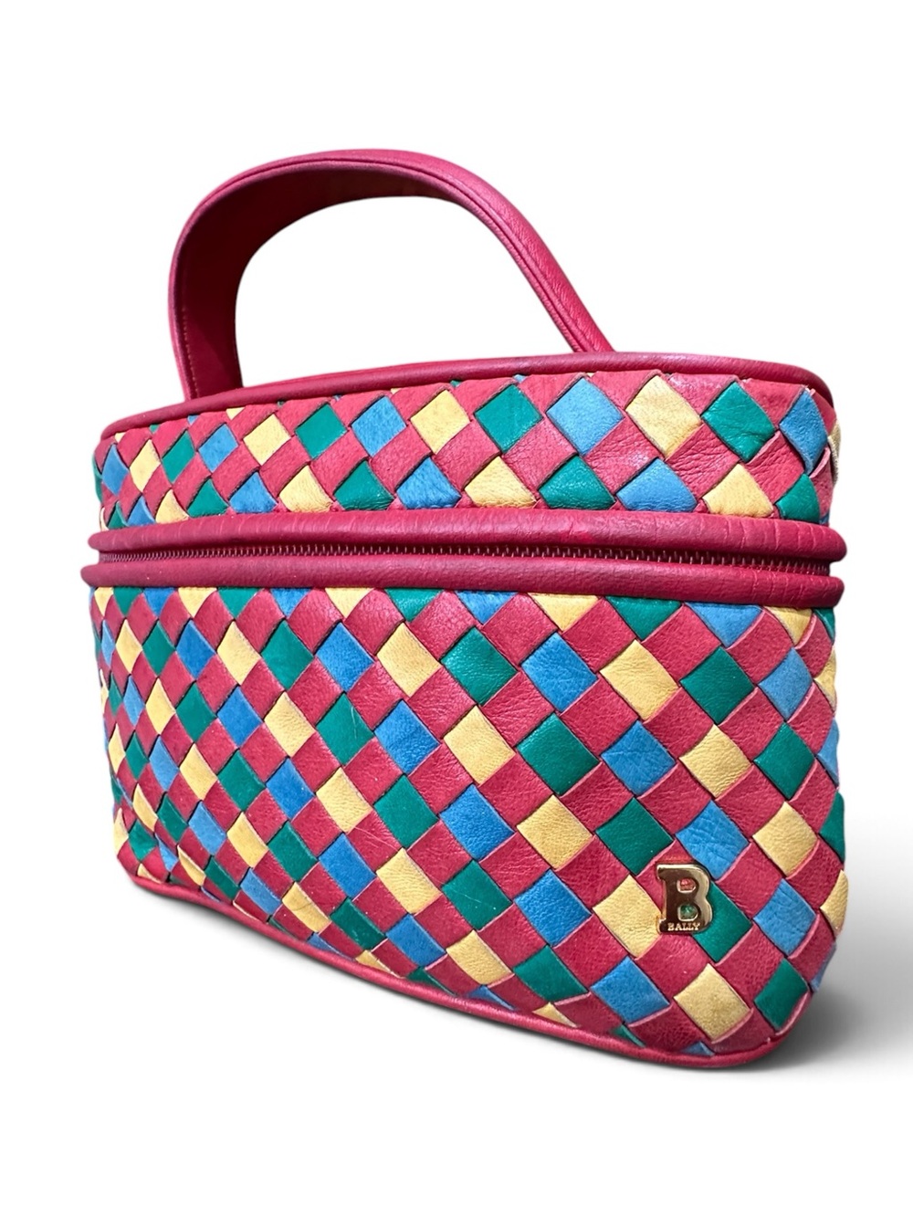Vintage 1970s Bally Multicolor Woven Leather Top Handle Waist Bag